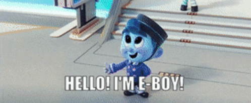 A Cartoon Character That Says Hello I 'M E Boy GIF