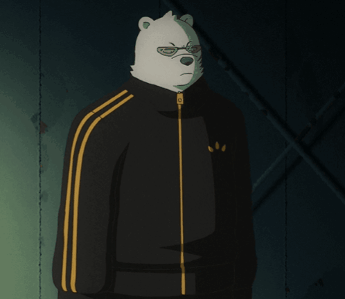 A Cartoon Character Wearing A Black Jacket With Yellow Stripes GIF