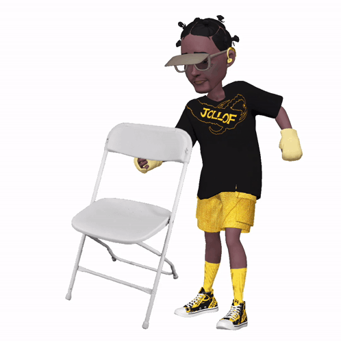 A Cartoon Character Wearing A Black Shirt That Says Jolof Is Standing Next To A White Folding Chair GIF