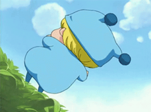 A Cartoon Character Wearing A Blue And Yellow Hat Is Flying Through The Air . GIF