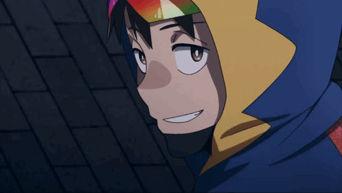 A Cartoon Character Wearing A Blue And Yellow Hoodie And A Rainbow Colored Goggles GIF