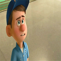 A Cartoon Character Wearing A Blue Hat And A Blue Shirt Is Standing On A Concrete Floor . GIF