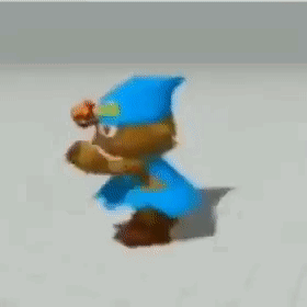 A Cartoon Character Wearing A Blue Hat And Orange Glasses Is Dancing On A White Surface . GIF