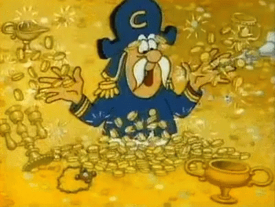 A Cartoon Character Wearing A Blue Hat With The Letter C On It Is Surrounded By Gold Coins GIF