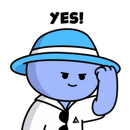 a cartoon character wearing a blue hat with the word yes above him