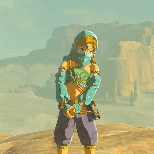 a cartoon character wearing a blue hooded top and purple pants stands in a desert