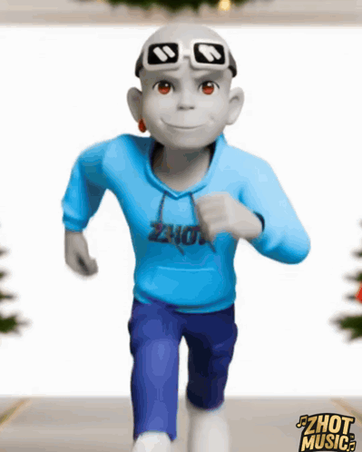 A Cartoon Character Wearing A Blue Hoodie With The Word Zhot On It GIF
