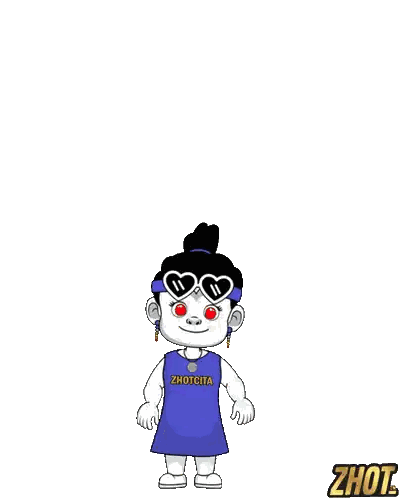 a cartoon character wearing a blue shirt that says ' zhotcita ' on it