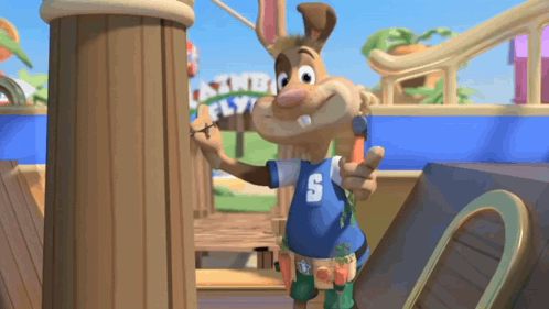 a cartoon character wearing a blue shirt with the number 3 on it
