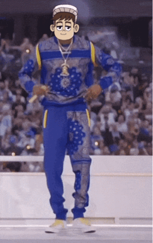 A Cartoon Character Wearing A Blue Sweater And Blue Pants Is Standing In Front Of A Crowd GIF