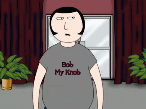 A Cartoon Character Wearing A Bob My Knob T Shirt GIF