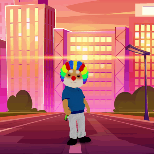 A Cartoon Character Wearing A Clown Wig Stands In Front Of A City GIF