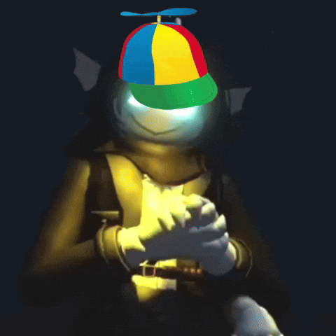 a cartoon character wearing a colorful hat with a propeller on it