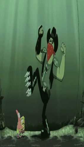 A Cartoon Character Wearing A Cowboy Hat And A Bandana Stands Next To A Spongebob Character GIF