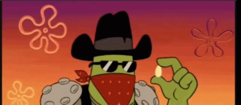 A Cartoon Character Wearing A Cowboy Hat And Sunglasses Is Holding A Small Object . GIF