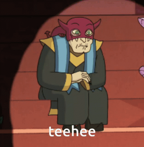 A Cartoon Character Wearing A Devil Mask Is Sitting On A Set Of Stairs With The Words Teehee Below Him GIF