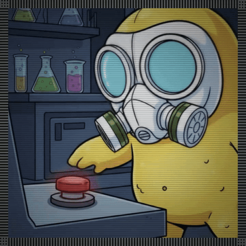 A Cartoon Character Wearing A Gas Mask Is Pressing A Button GIF