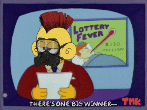 A Cartoon Character Wearing A Gas Mask Stands In Front Of A Lottery Fever Sign GIF