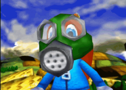 A Cartoon Character Wearing A Gas Mask With A Letter B On His Chest GIF