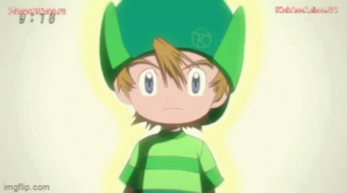a cartoon character wearing a green hat and a green shirt is standing in front of a white background .