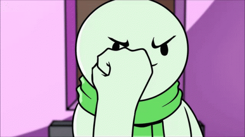 A Cartoon Character Wearing A Green Scarf Covering His Face With His Hand GIF