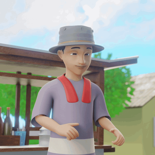 A Cartoon Character Wearing A Hat And A Purple Shirt Is Smiling GIF