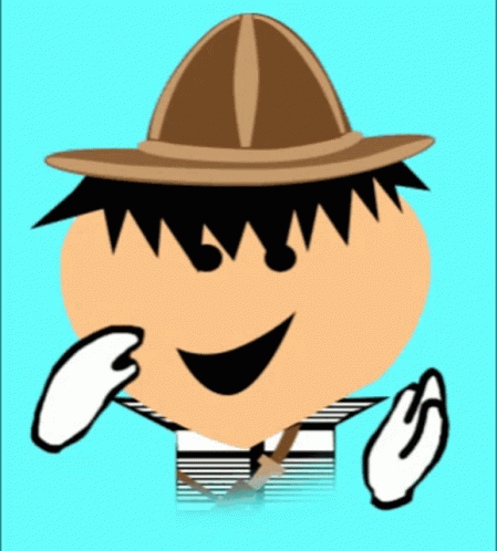 a cartoon character wearing a hat and gloves is smiling