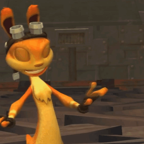 A Cartoon Character Wearing A Hat And Goggles Holds Something In His Hand GIF