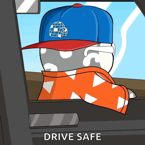 A Cartoon Character Wearing A Hat And Scarf With The Words Drive Safe Above Him GIF