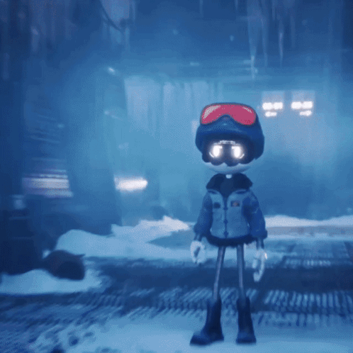 A Cartoon Character Wearing A Helmet And Goggles Standing In The Snow GIF