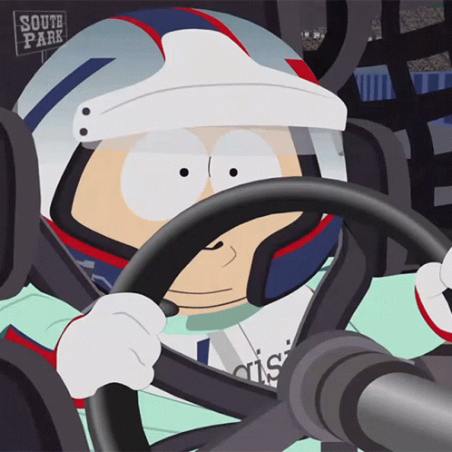 A Cartoon Character Wearing A Helmet Is Driving A Car With A South Park Sign In The Background GIF