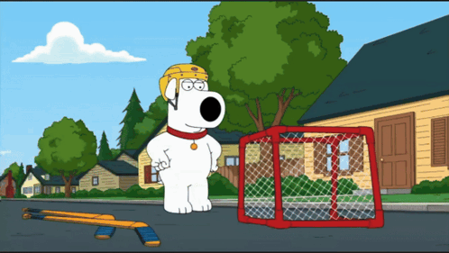 A Cartoon Character Wearing A Hockey Helmet Stands In Front Of A Goal GIF