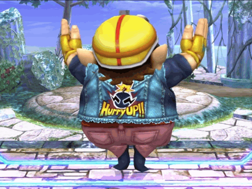 A Cartoon Character Wearing A Hurry Up Jacket GIF