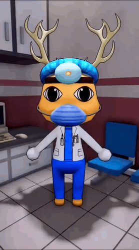 A Cartoon Character Wearing A Mask And Antlers Is Standing In A Waiting Room GIF