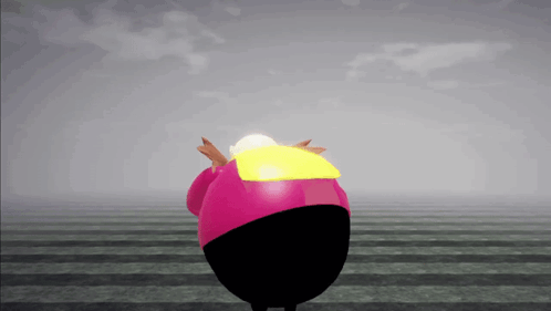 a cartoon character wearing a pink hat and a yellow scarf on his back