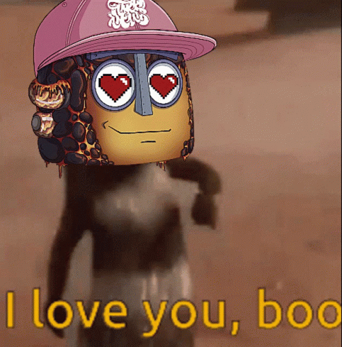 A Cartoon Character Wearing A Pink Hat With The Words I Love You Boo Below It GIF
