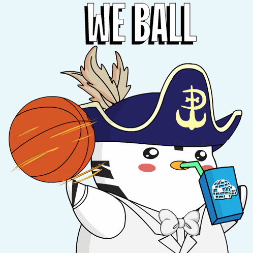 a cartoon character wearing a pirate hat is holding a basketball and drinking a milkshake with the words we ball written
