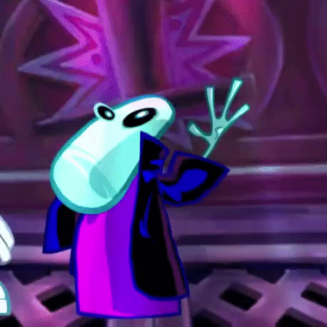 A Cartoon Character Wearing A Purple Coat And A Blue Jacket Is Holding A Stick GIF