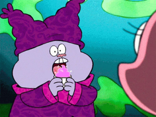 A Cartoon Character Wearing A Purple Hat Is Eating An Ice Cream Cone . GIF