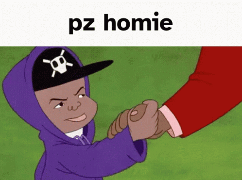 A Cartoon Character Wearing A Purple Hoodie And A Skull Hat Is Shaking Hands With Another Person . GIF