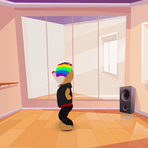 A Cartoon Character Wearing A Rainbow Wig Is Dancing In Front Of A Mirror GIF