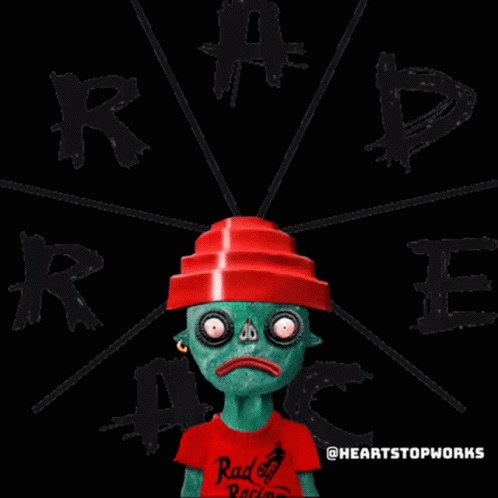 A Cartoon Character Wearing A Red Hat And A Red Sweater With Rad Race Written On It GIF