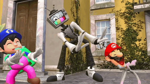 A Cartoon Character Wearing A Red Hat With The Letter M On It Stands Next To Another Character GIF