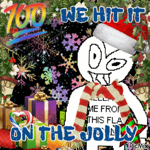 A Cartoon Character Wearing A Santa Hat And Scarf With The Words " We Hit It On The Jolly " GIF