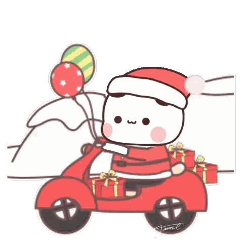 a cartoon character wearing a santa hat is riding a red car