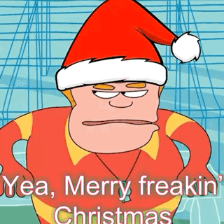 A Cartoon Character Wearing A Santa Hat With The Words Yea Merry Freakin Christmas Below Him GIF