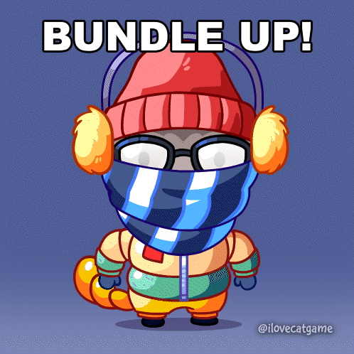 A Cartoon Character Wearing A Scarf And Ear Muffs With The Words Bundle Up Above Him GIF