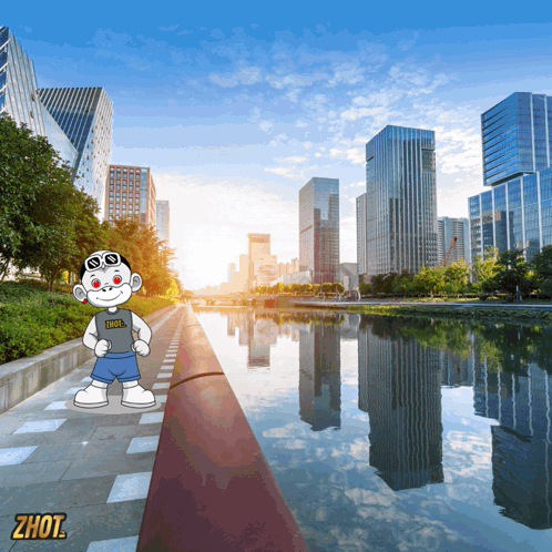 A Cartoon Character Wearing A Shirt That Says Thrasher Stands In Front Of A City Skyline GIF