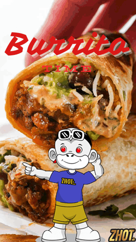 A Cartoon Character Wearing A Shirt That Says ' Zhot ' On It Points To A Burrito GIF