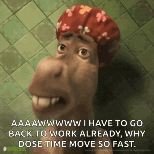 a cartoon character wearing a shower cap says " aaawwwwww i have to go back to work already